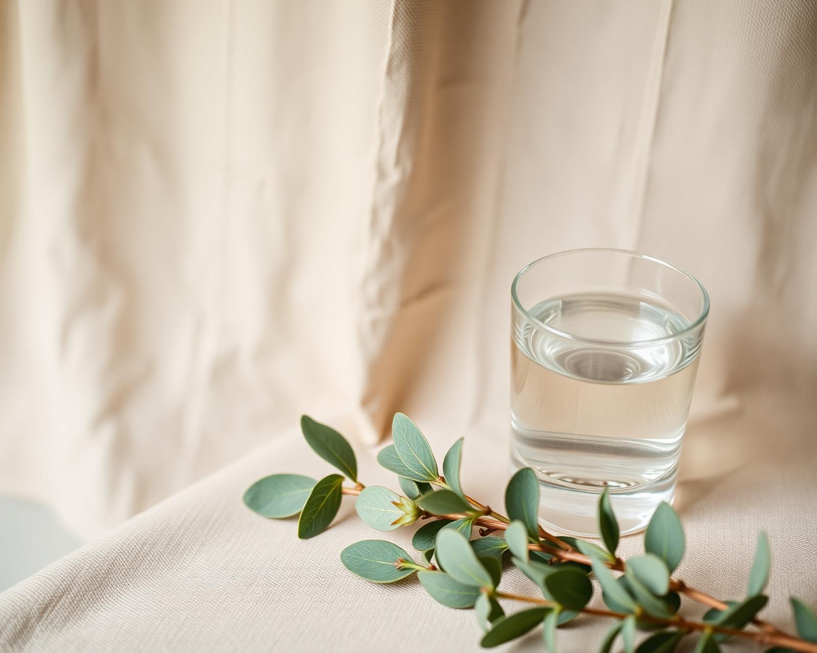 Ambiente clean e acolhedor de bem-estar com folhas de sálvia e copo de água